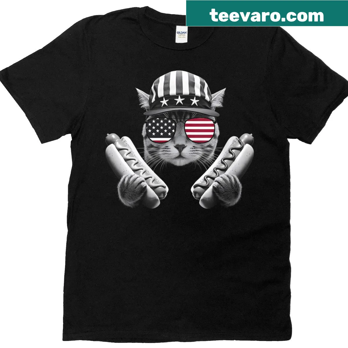 Patriotic T-shirt with cats and dogs for Fourth of July — on a men's t-shirt