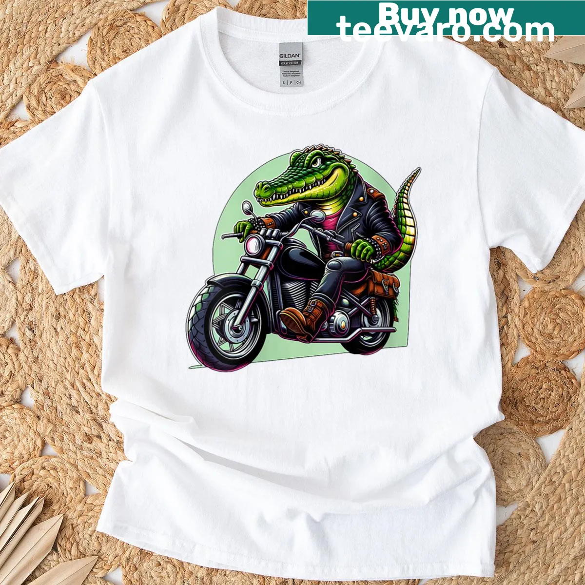Playful cartoon of a crocodile riding a motorbike on a t-shirt — on a men's t-shirt