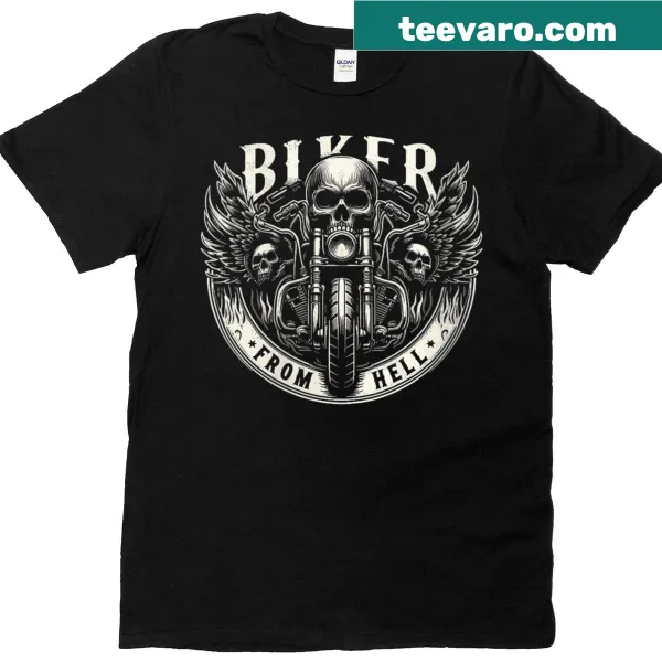 Skull and motorcycle wings graphic on a biker t-shirt