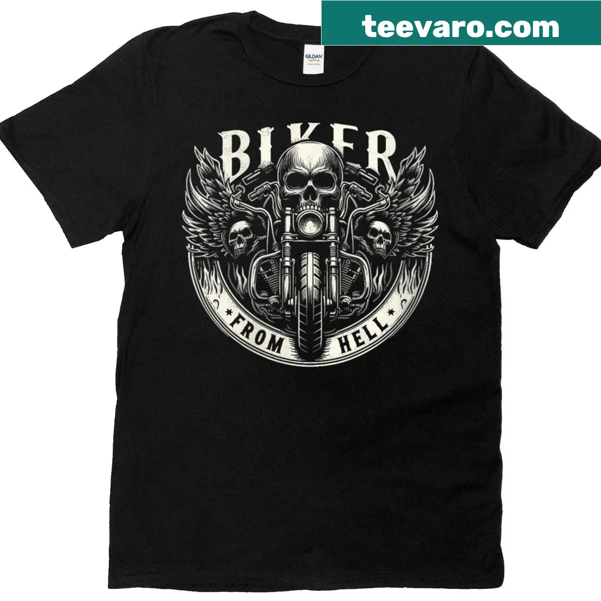 Skull and motorcycle wings graphic on a biker t-shirt — on a men's t-shirt