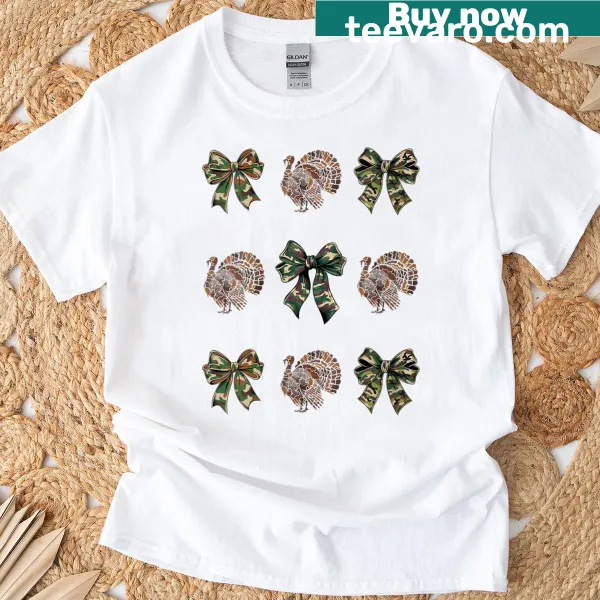Camouflage T-shirt with a playful bow design for turkey hunting