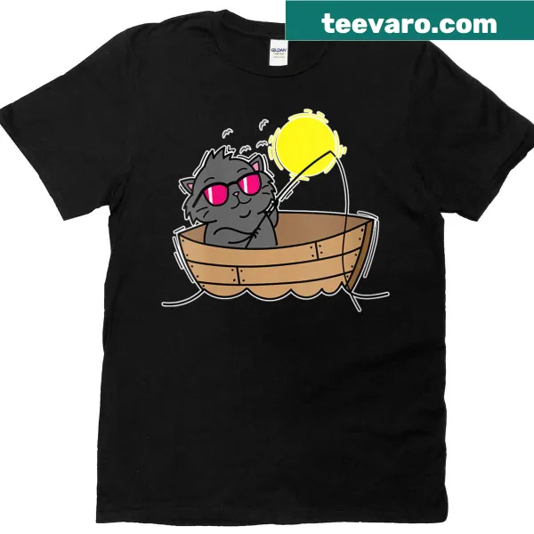 Cute graphic of a cat fishing on a boat