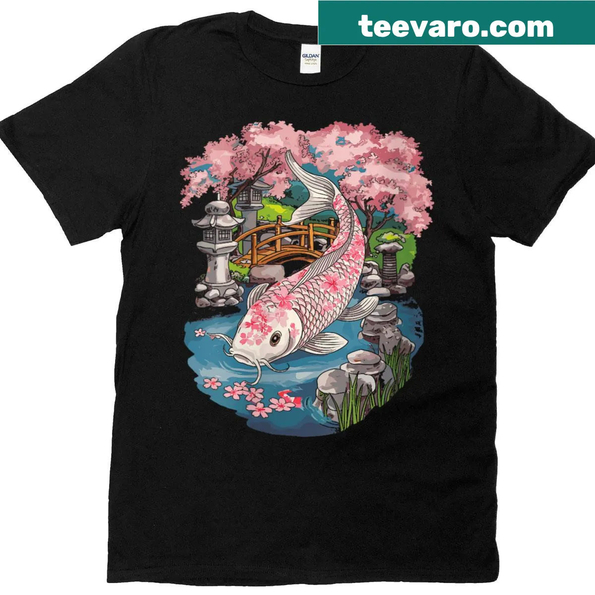 T-shirt featuring koi fish and cherry blossoms in an elegant design — on a men's t-shirt