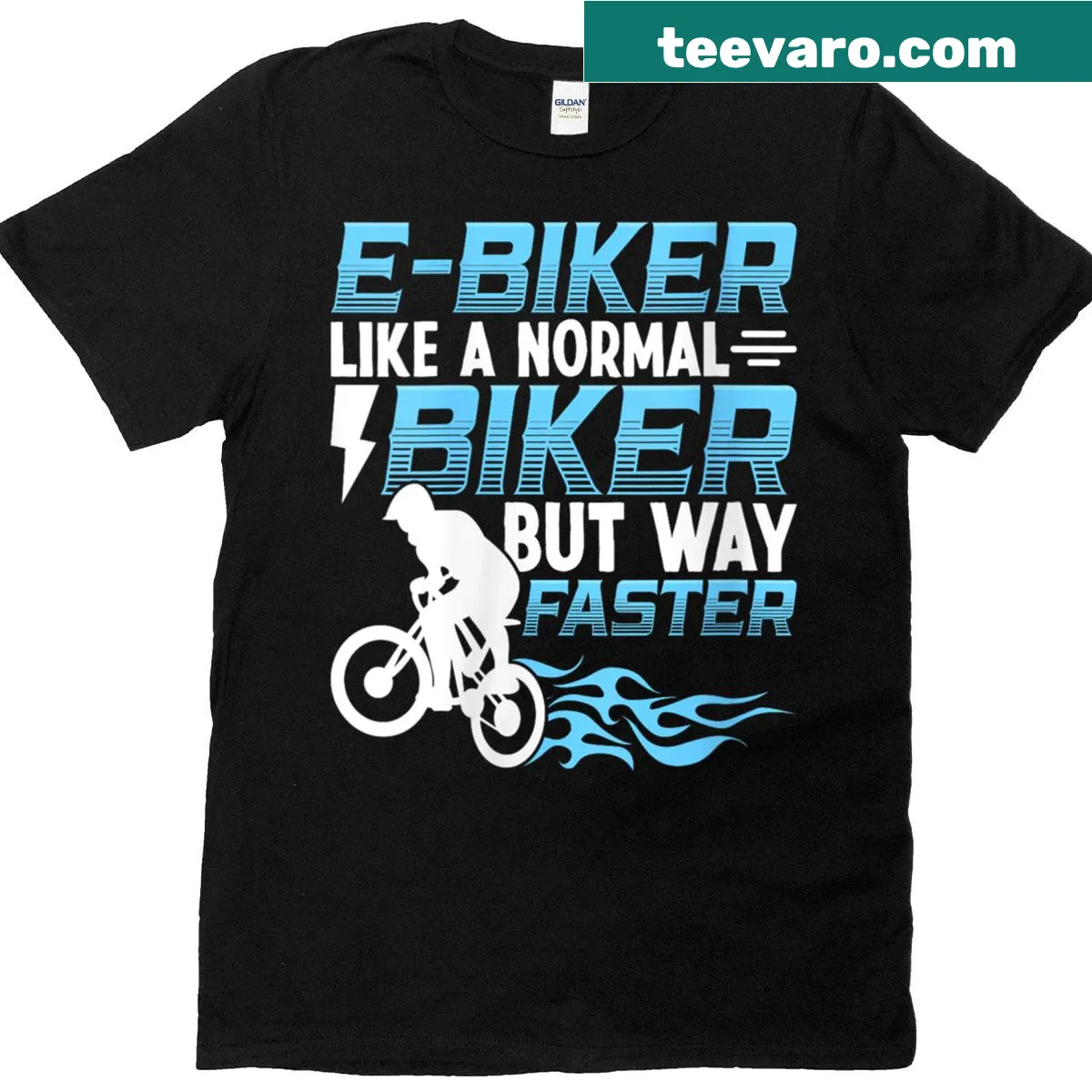 Funny e-biker t-shirt with humorous slogan about speed — on a men's t-shirt