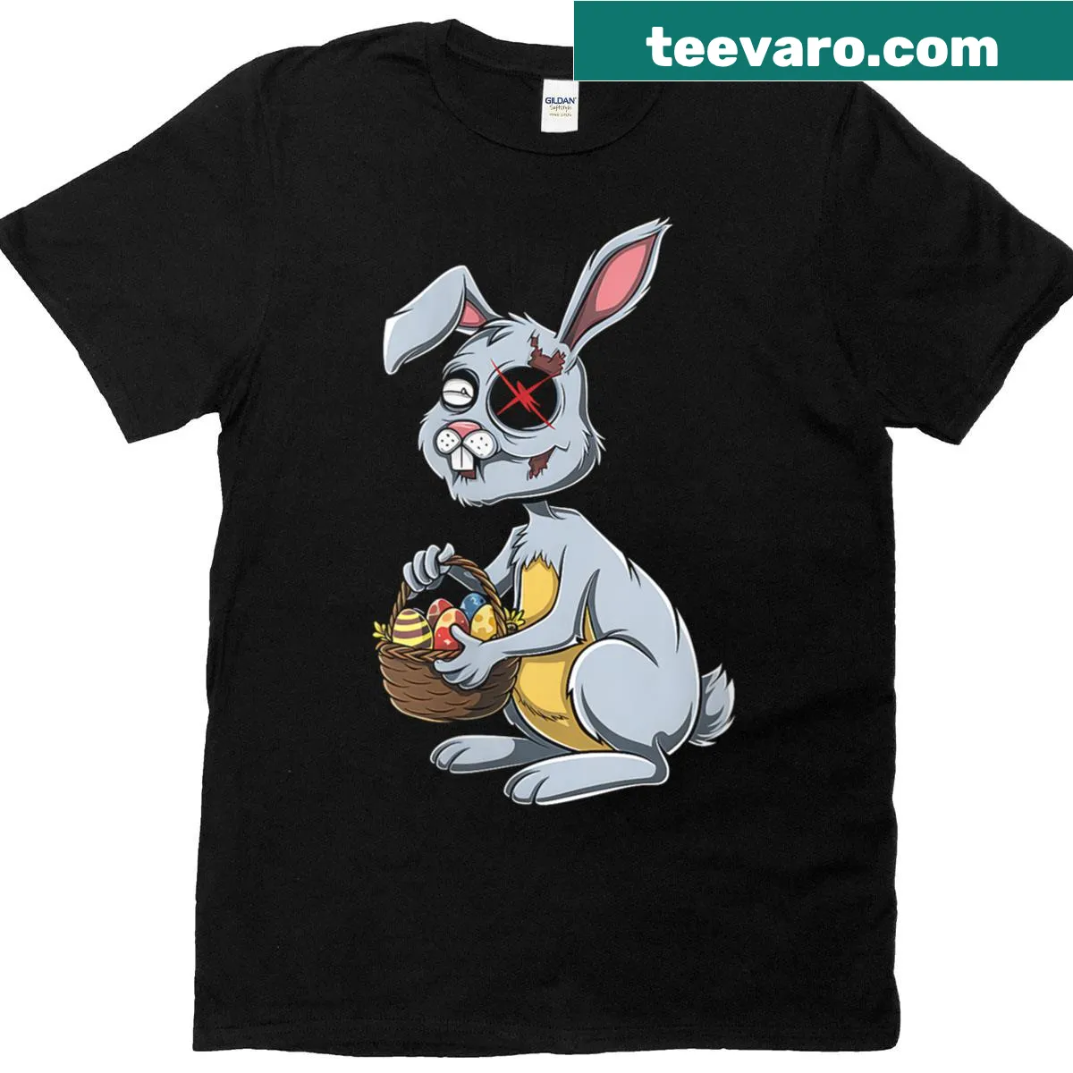 Easter t-shirt with humorous zombie bunny graphic — on a men's t-shirt