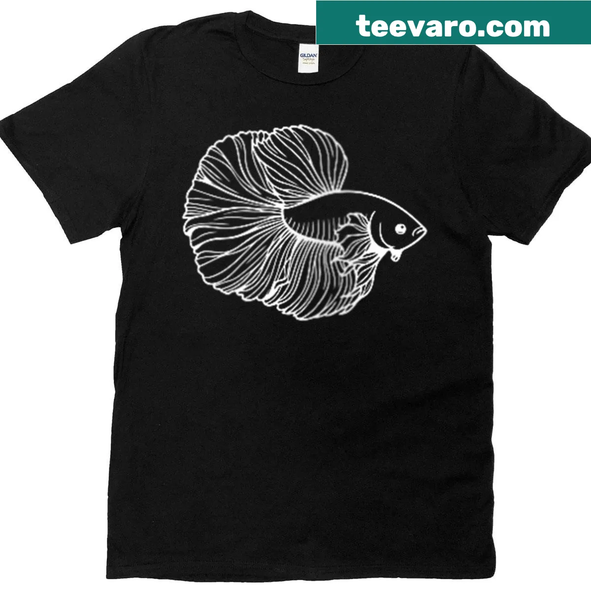 Minimalist fish badge t-shirt for betta fish lovers — on a men's t-shirt