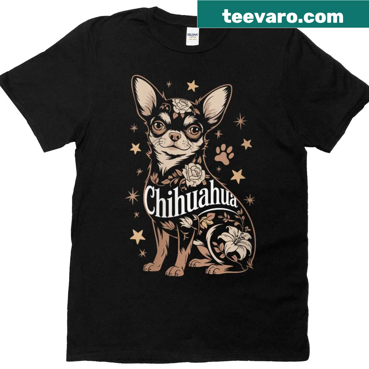 Floral design featuring whimsical Chihuahuas on a T-shirt — on a men's t-shirt