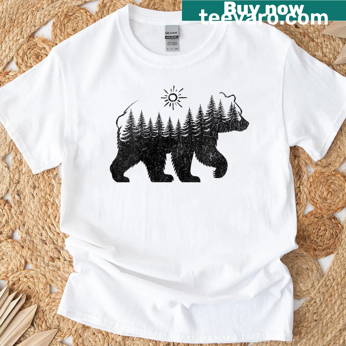 Graphic tee with a bear in a forest for camping and fishing — on a men's t-shirt