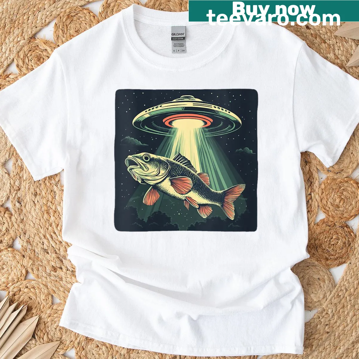 Funny t-shirt featuring a UFO beaming up a fish — on a men's t-shirt