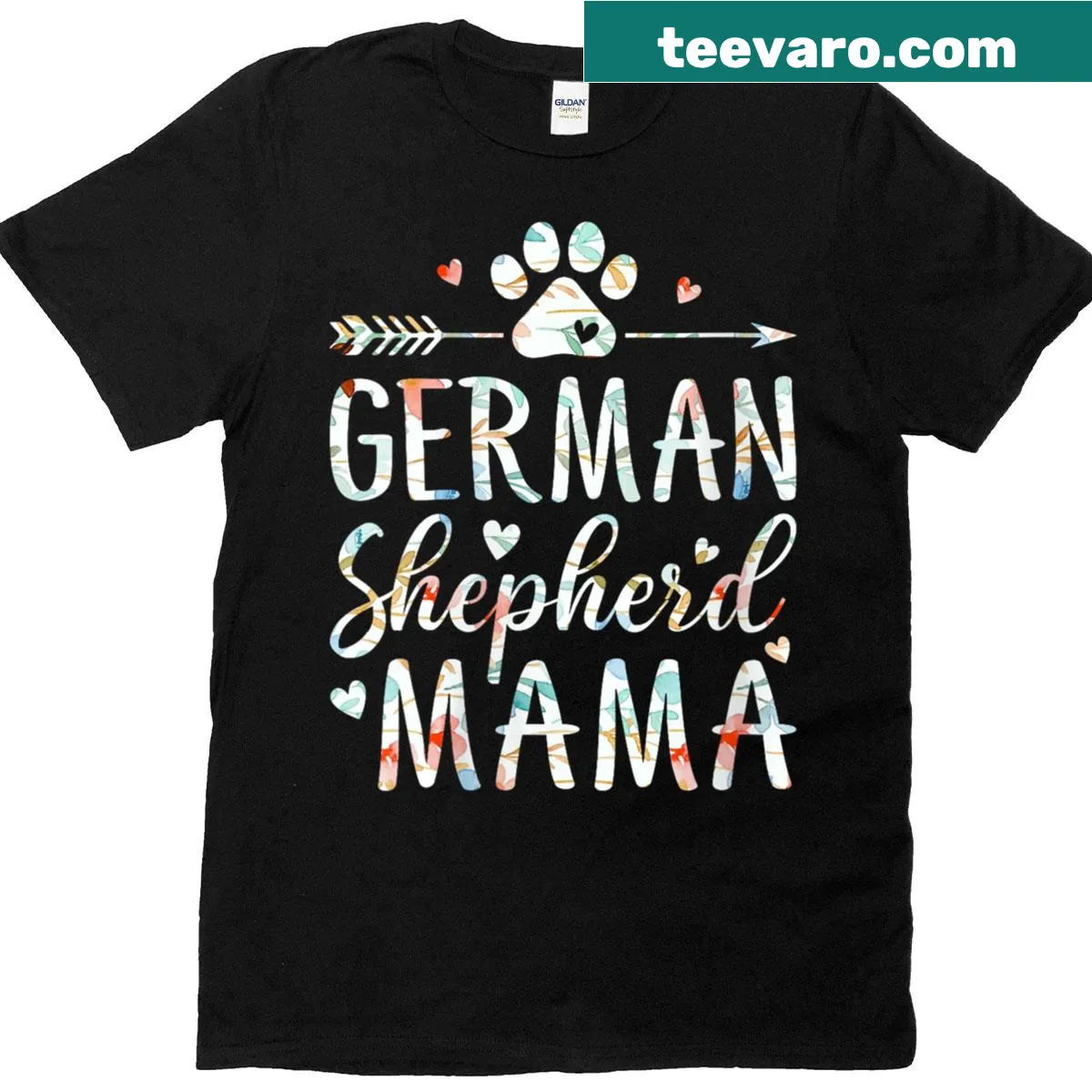 Graphic of a paw and heart with floral elements for a dog mom — on a men's t-shirt