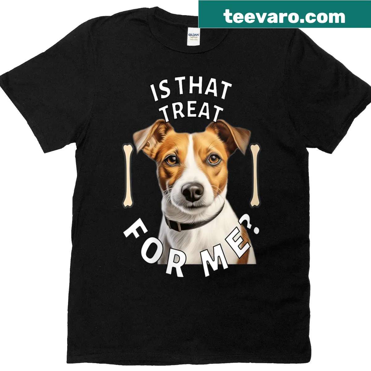 T-shirt featuring an illustration of a Jack Russell asking about treats — on a men's t-shirt