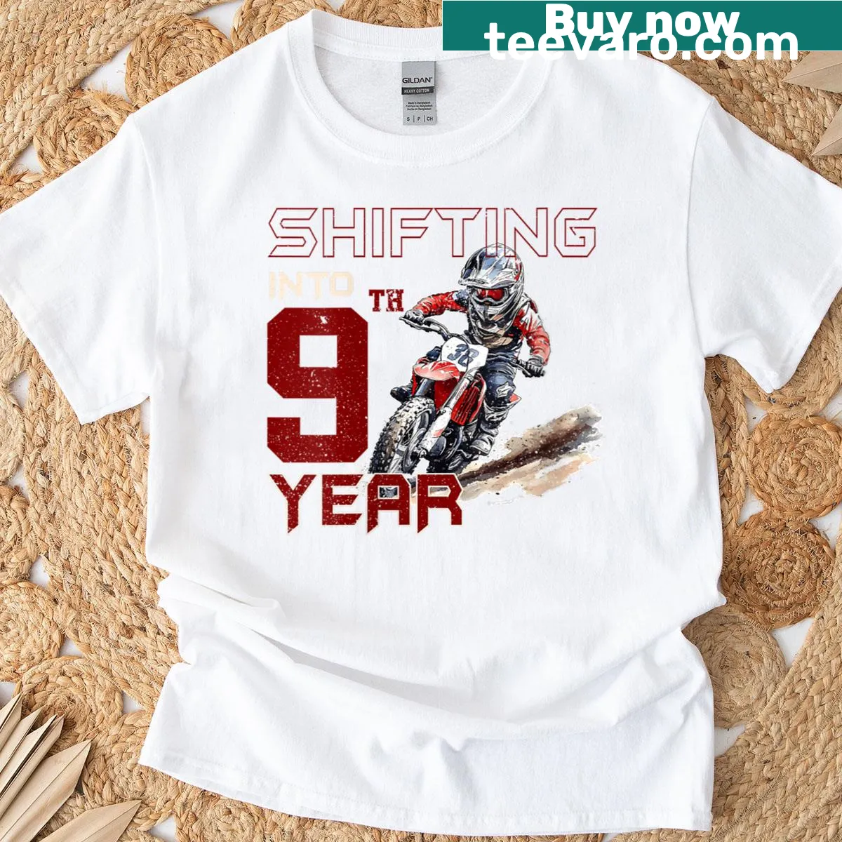 9th birthday dirt bike T-shirt for kids with playful bike illustration — on a men's t-shirt
