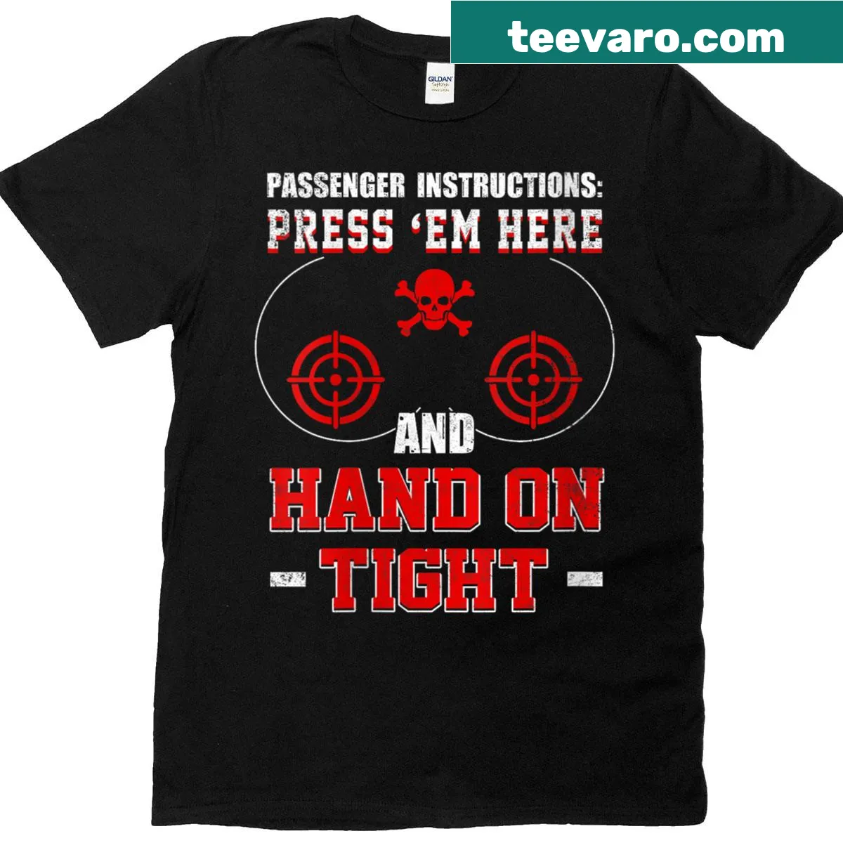 Funny motorcycle t-shirt with passenger instructions — on a men's t-shirt