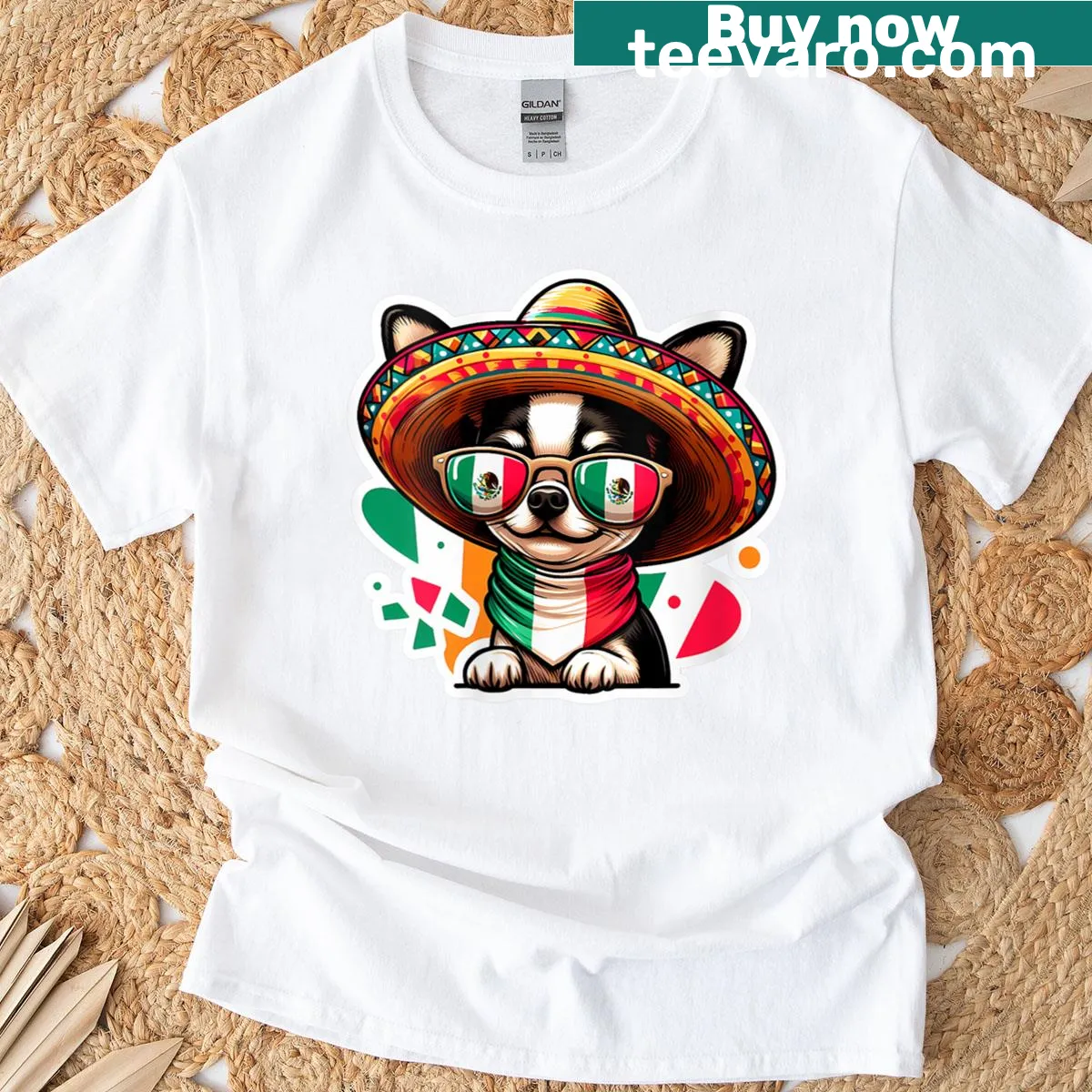 Chihuahua wearing sombrero design on a patriotic Cinco De Mayo t-shirt — on a men's t-shirt