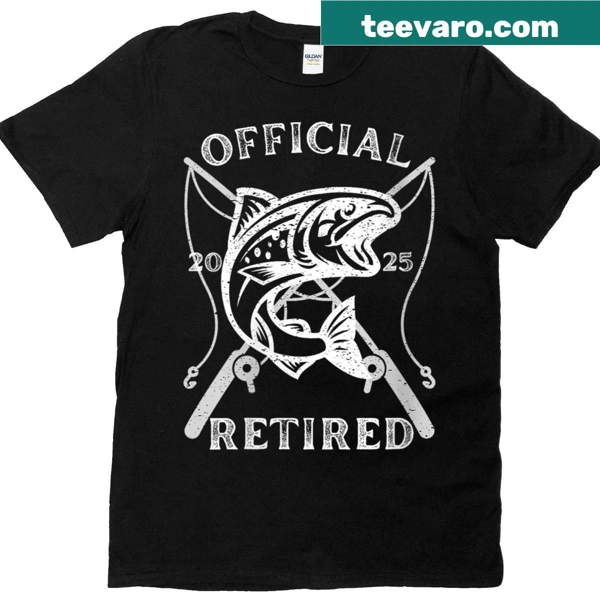 Fishing retirement t-shirt with the phrase O-fish-ally Retired and fishing gear graphics — on a men's t-shirt