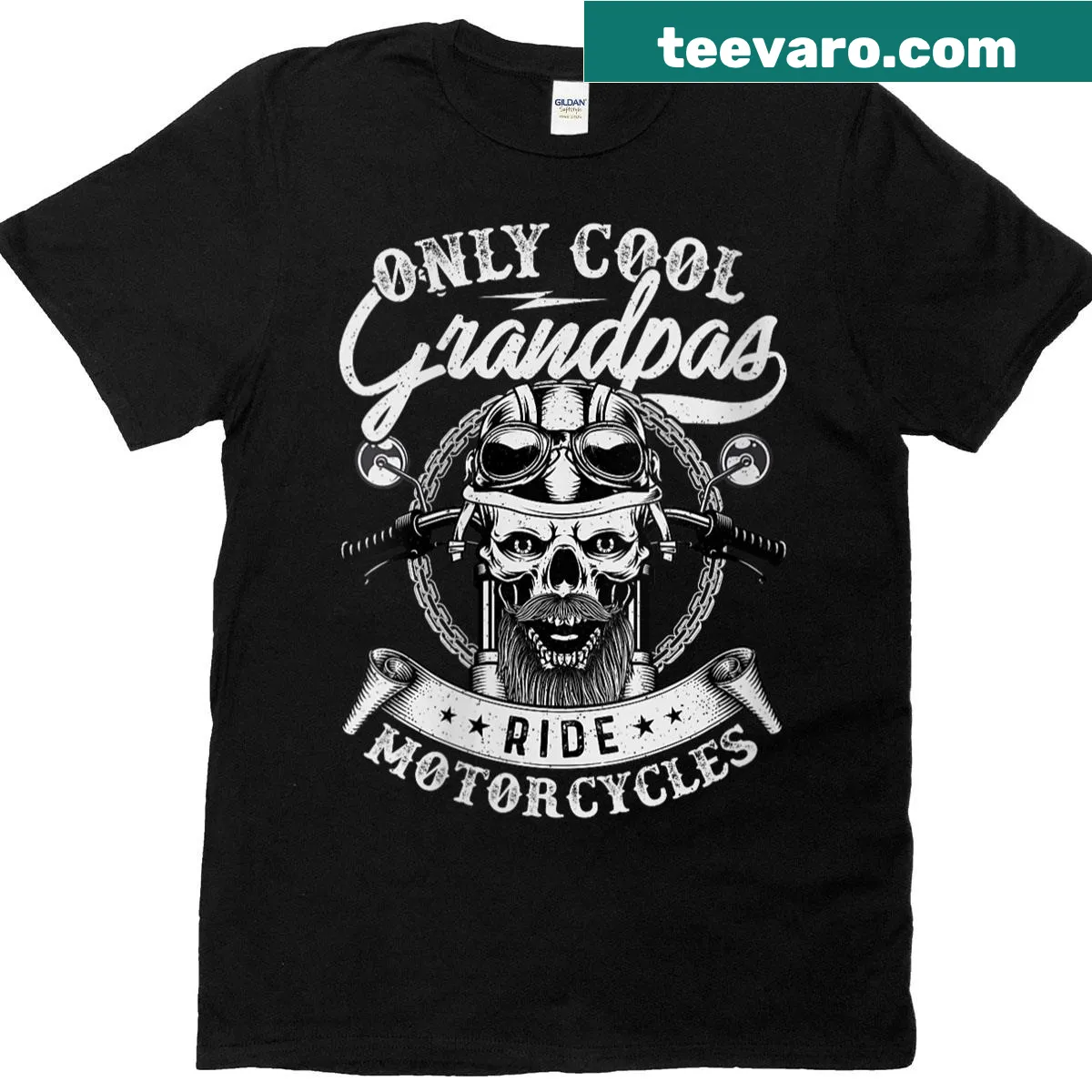 Skull biker T-shirt stating 'Only Cool Grandpas Ride Motorcycles' — on a men's t-shirt