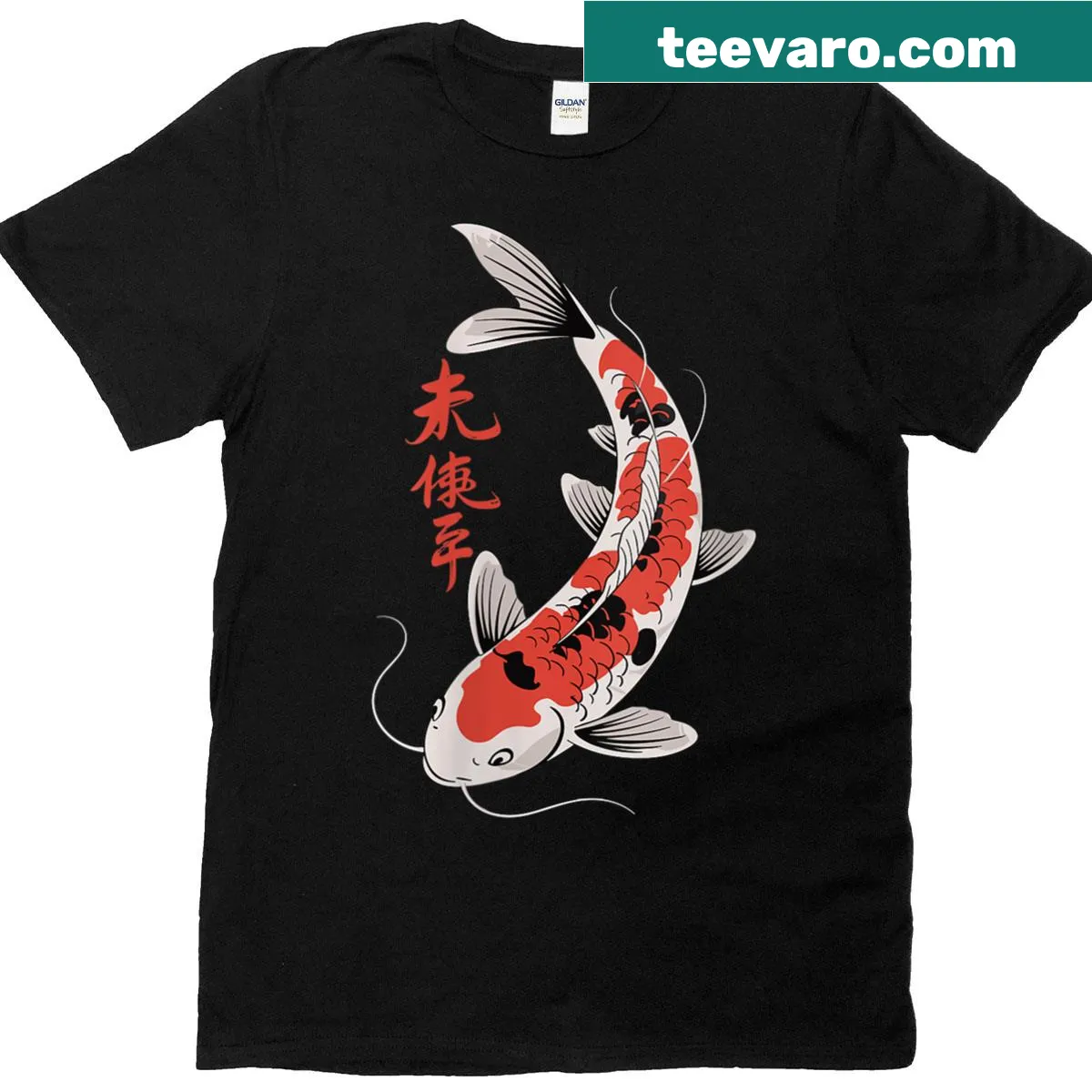 Koi fish illustrated T-shirt with Japanese calligraphy — on a men's t-shirt
