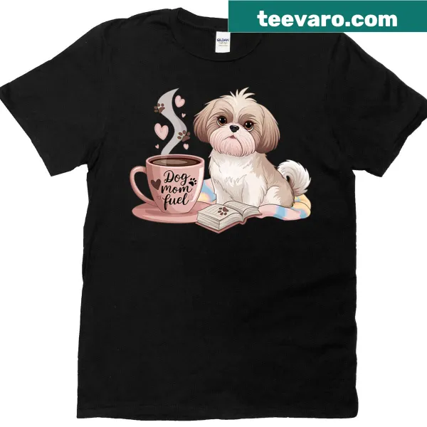 Cute t-shirt featuring Shih Tzu, coffee, and books graphics