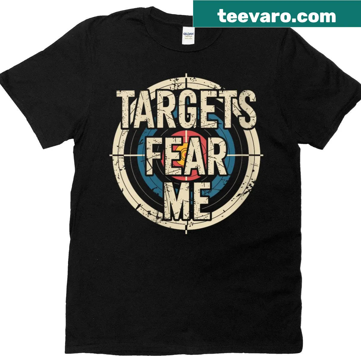 Bold graphic of a bow hunting target on a women's t-shirt — on a men's t-shirt