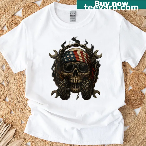 Skull graphic T-shirt with tractor and USA flag elements