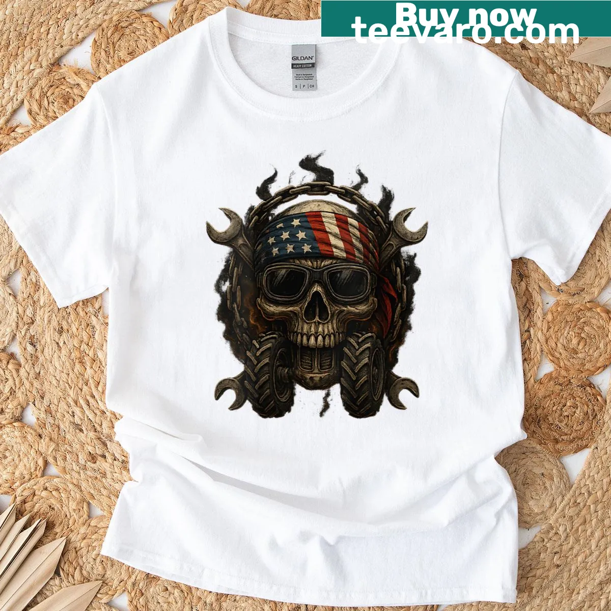 Skull graphic T-shirt with tractor and USA flag elements — on a men's t-shirt