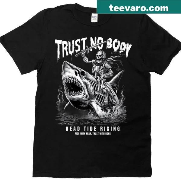 Vintage skeleton riding a shark graphic on a biker-themed t-shirt