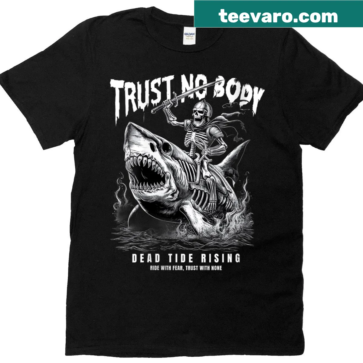 Vintage skeleton riding a shark graphic on a biker-themed t-shirt — on a men's t-shirt