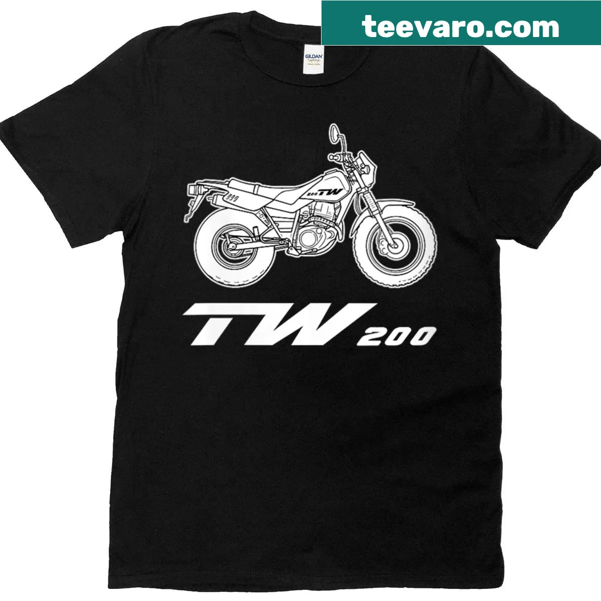 Illustration of a TW200 dirt bike on a motorcycle-themed t-shirt — on a men's t-shirt