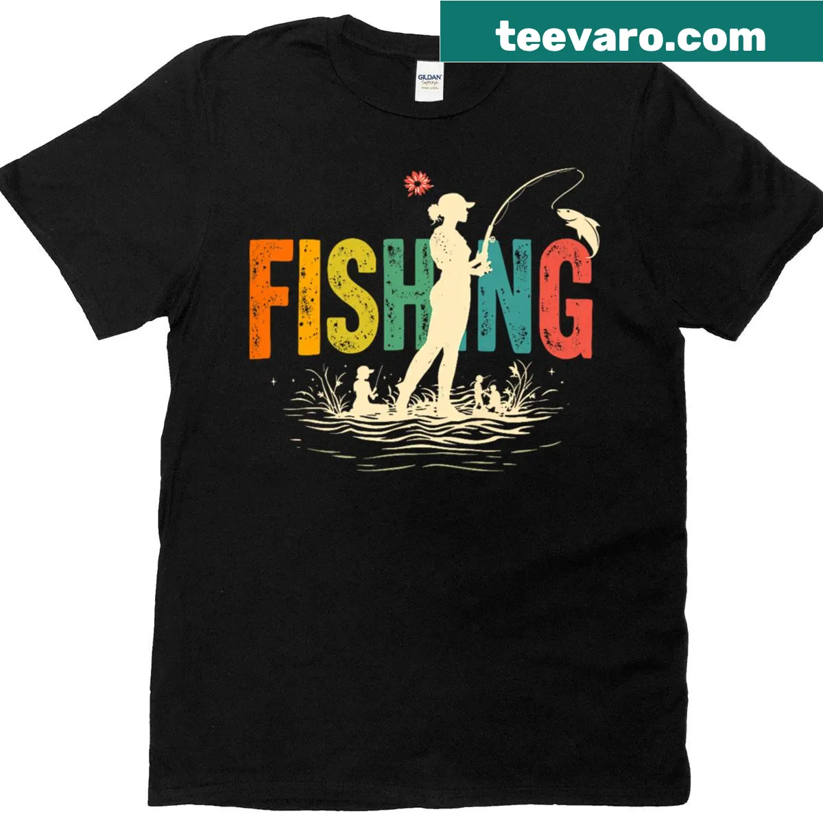 Retro fishing angler graphic T-shirt designed for outdoor enthusiasts — on a men's t-shirt