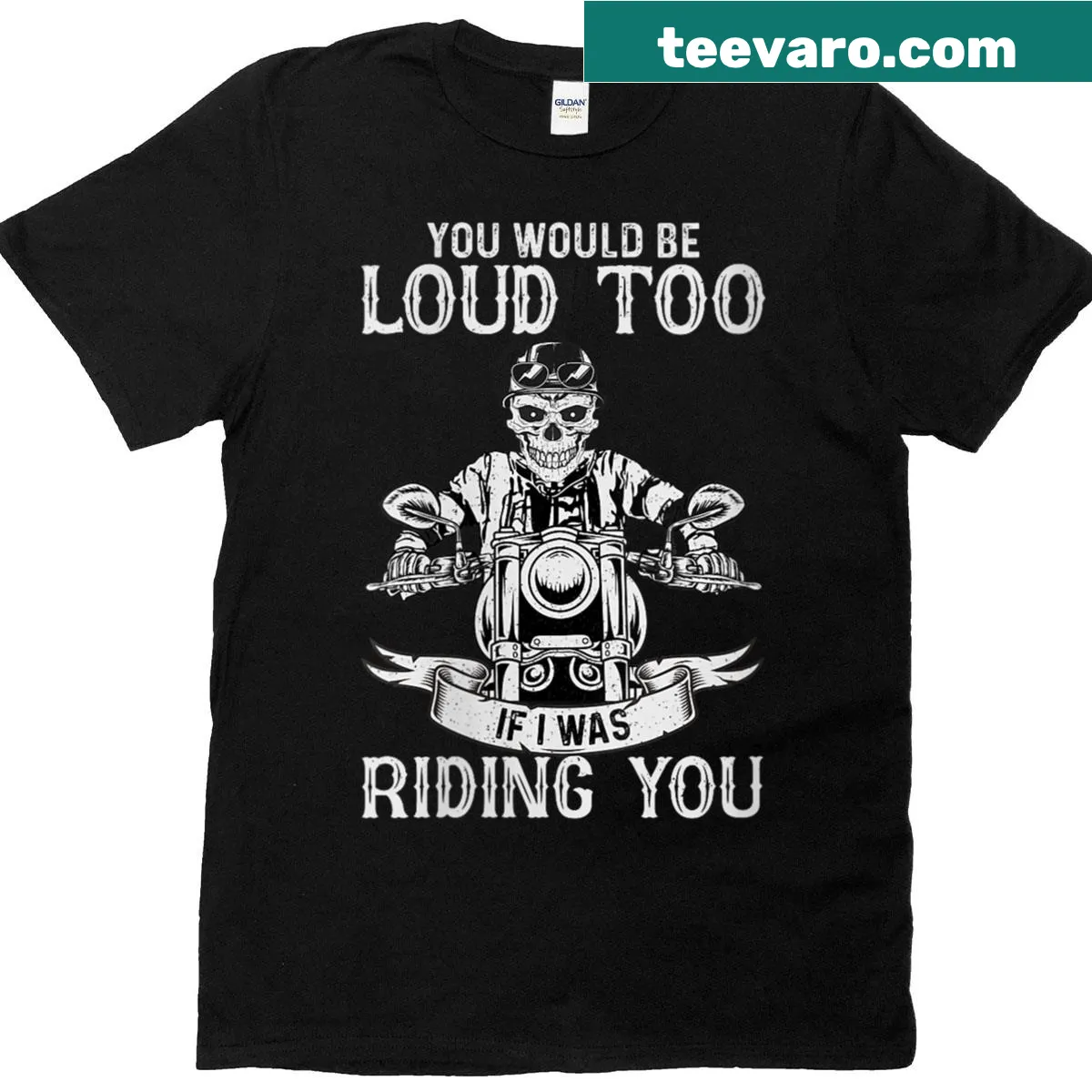 Skeleton biker t-shirt with humorous loudness phrase — on a men's t-shirt