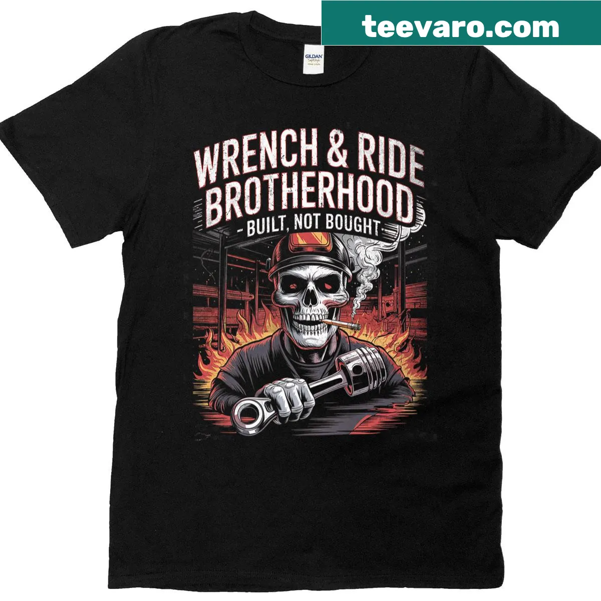 Vintage-style motorcycle t-shirt with wrench graphic — on a men's t-shirt
