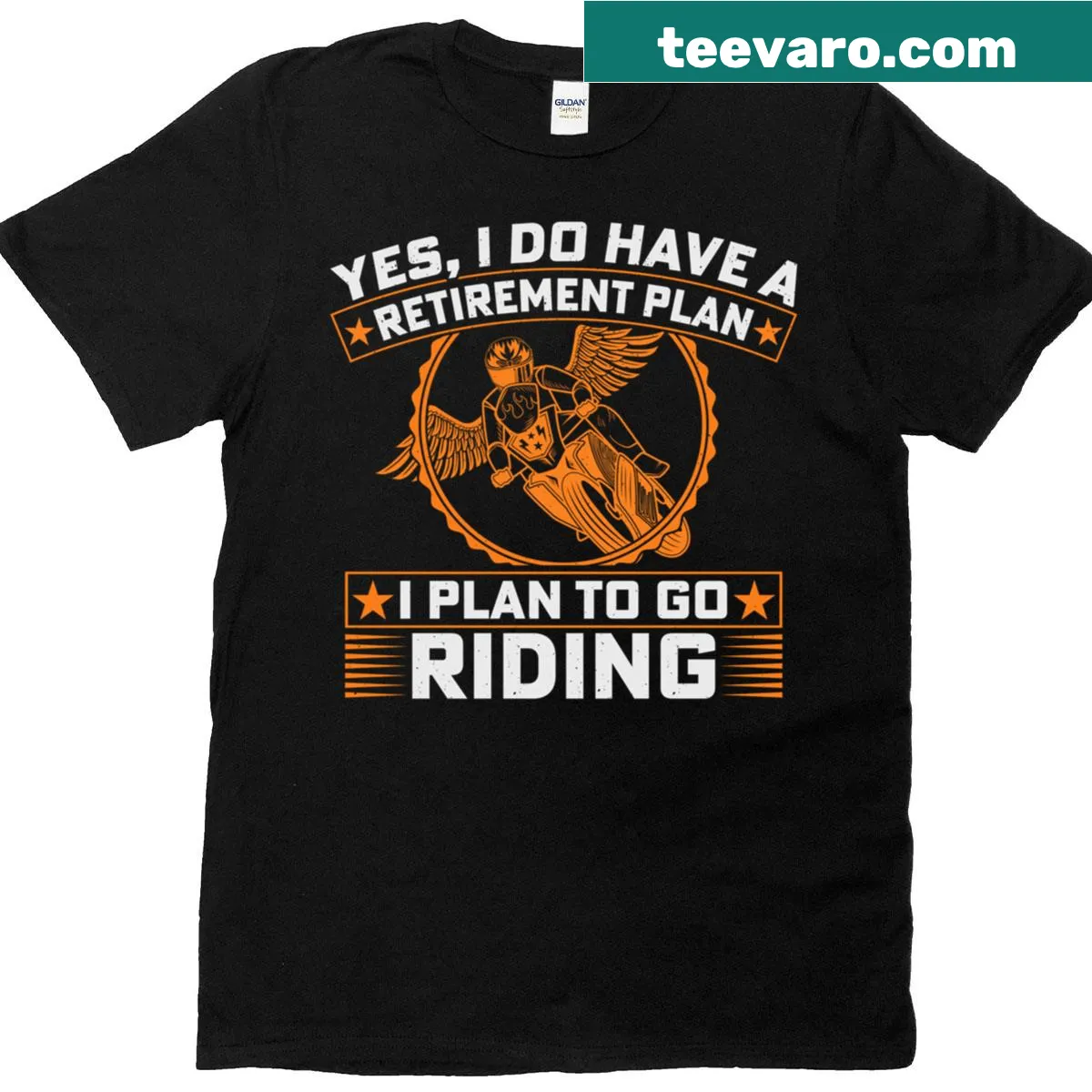 Biker T-shirt with text about retirement plans focused on riding — on a men's t-shirt