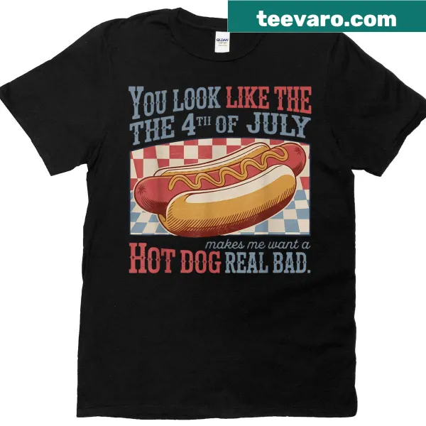 Quirky Fourth of July t-shirt with humorous hotdog text