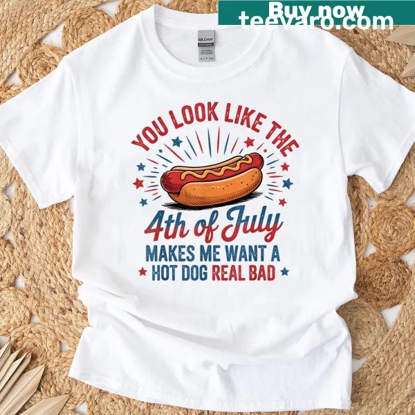 Funny t-shirt with hot dog graphic celebrating the 4th of July