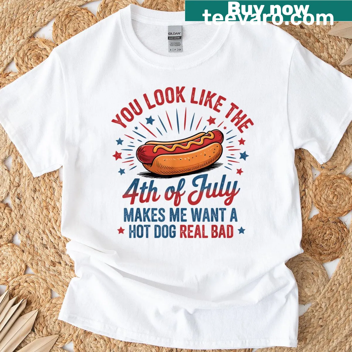 Funny t-shirt with hot dog graphic celebrating the 4th of July — on a men's t-shirt