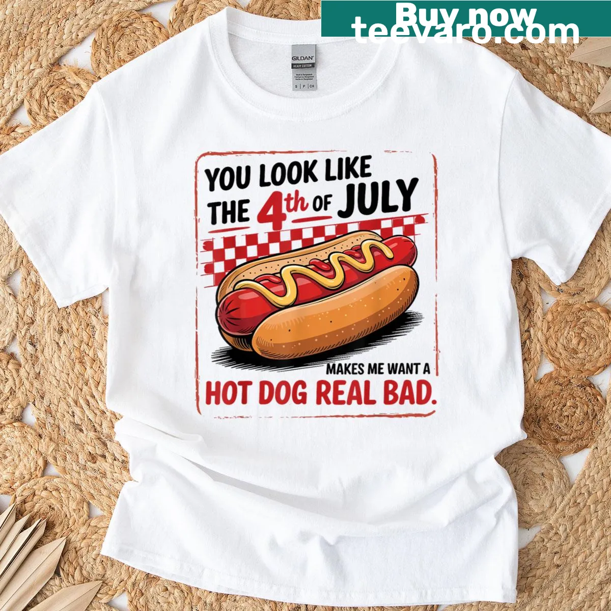 Lighthearted July 4th T-shirt with hot dog graphic and saying — on a men's t-shirt