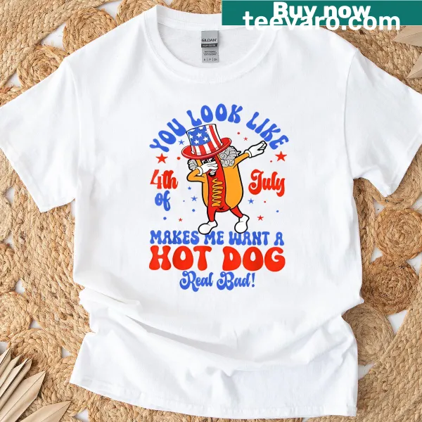T-shirt with a humorous 4th of July hot dog phrase.