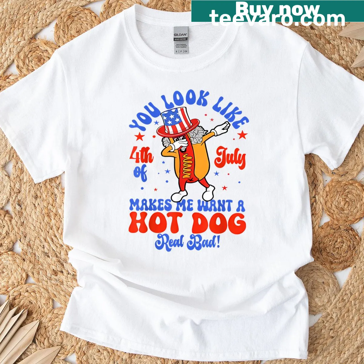 T-shirt with a humorous 4th of July hot dog phrase. — on a men's t-shirt