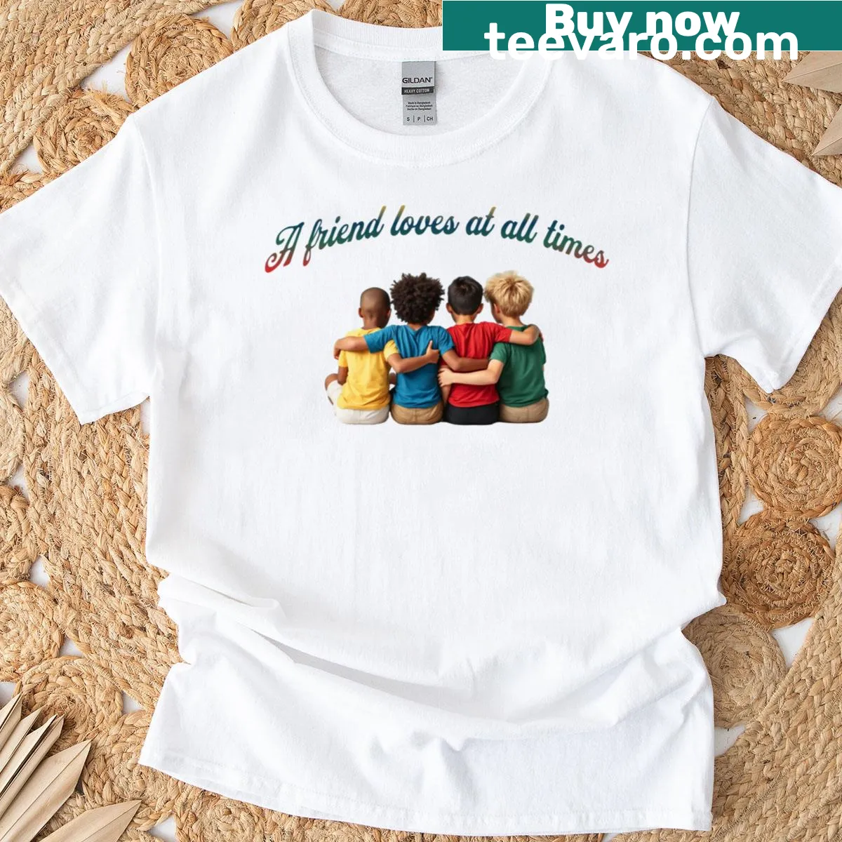 Illustrative Christian friendship t-shirt with a heartfelt message — on a men's t-shirt