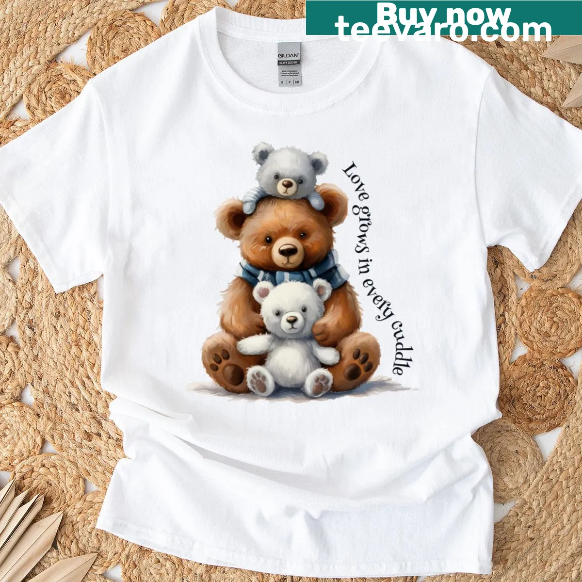 Illustration of a stacked teddy bear family with text about love and cuddles. — on a men's t-shirt