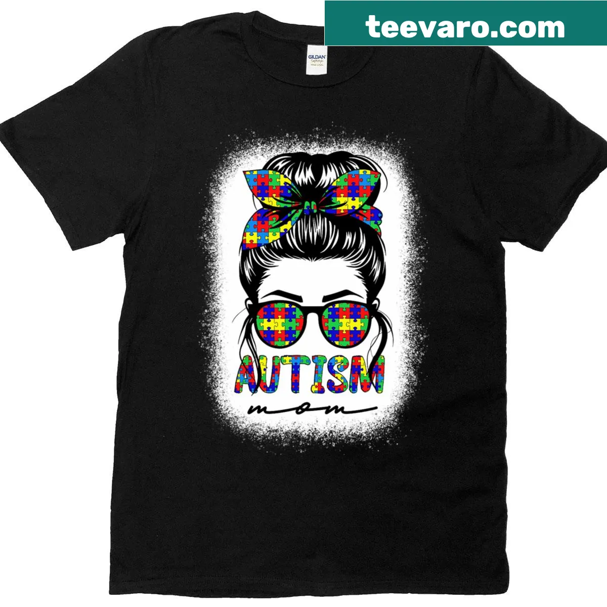Autism Awareness T-shirt with puzzle piece and messy bun design — on a men's t-shirt