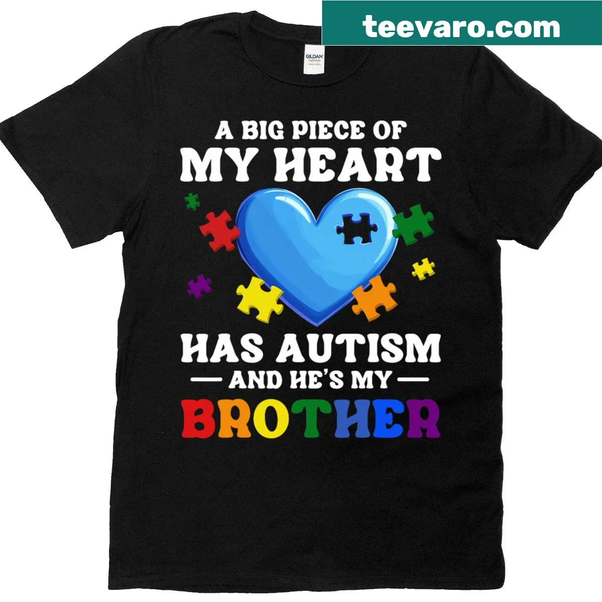 Heart design with puzzle pieces celebrating support for Autism brothers. — on a men's t-shirt