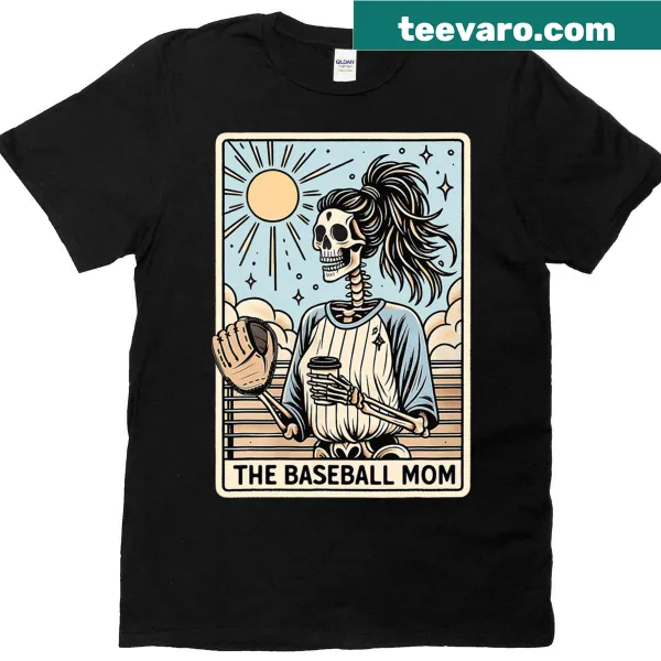 Skeletal tarot card design for baseball moms on T-shirt