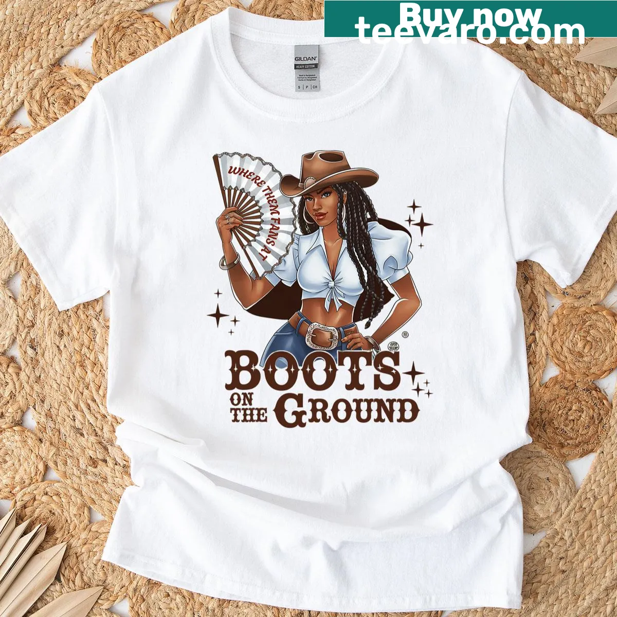 Playful T-shirt with the phrase Boots On The Ground for line dancing — on a men's t-shirt