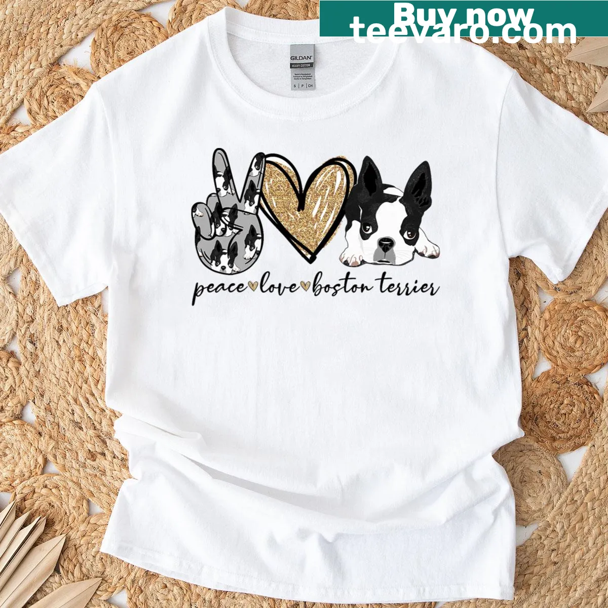 Funny Boston Terrier mom t-shirt with peace and love typography — on a men's t-shirt