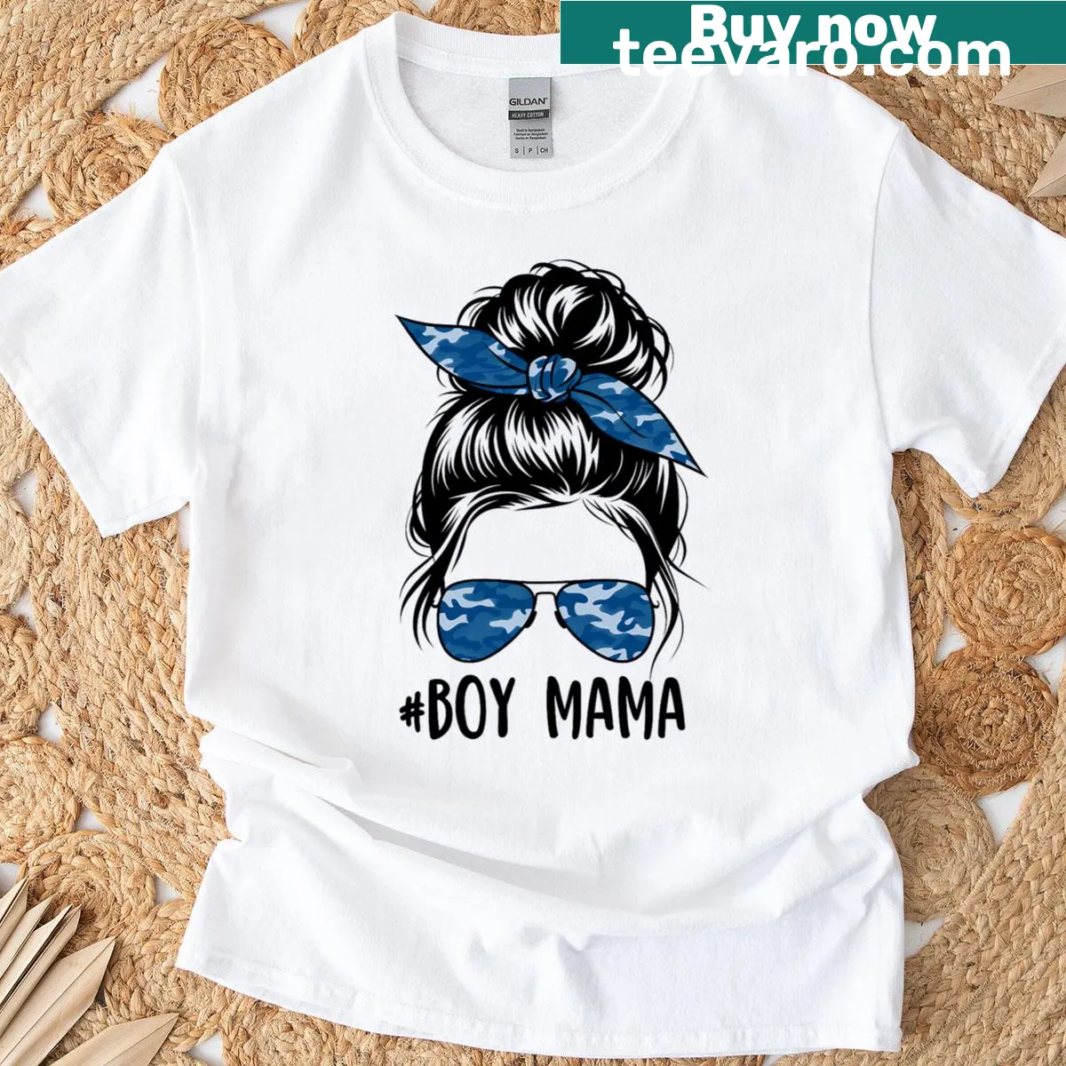 Cartoon design of a messy bun and camouflage for boy moms — on a men's t-shirt