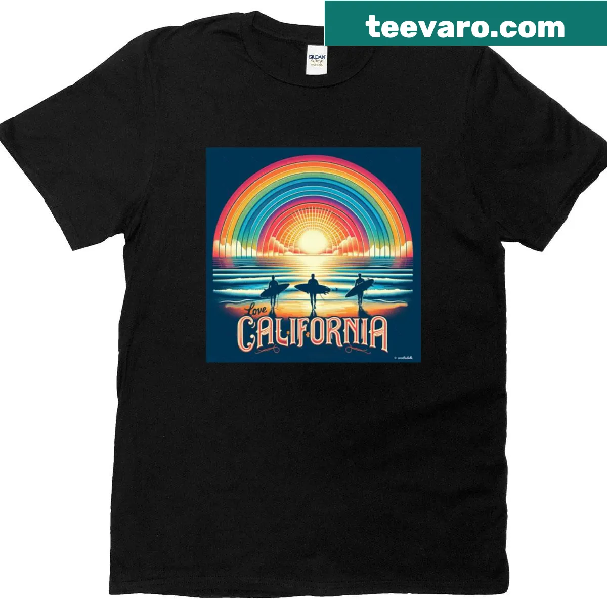 Illustration of surfing waves and sunshine on a California T-shirt — on a men's t-shirt
