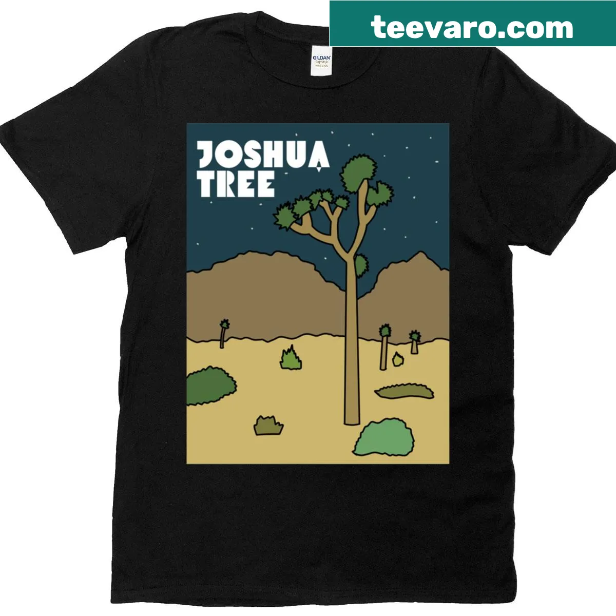 Minimalist design T-shirt featuring Joshua Tree and starry night illustration — on a men's t-shirt