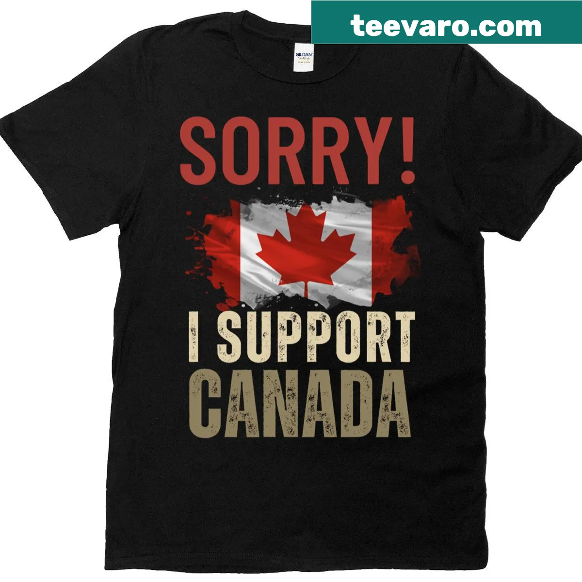Distressed Canadian flag T-shirt with maple leaf and 'Sorry' text — on a men's t-shirt