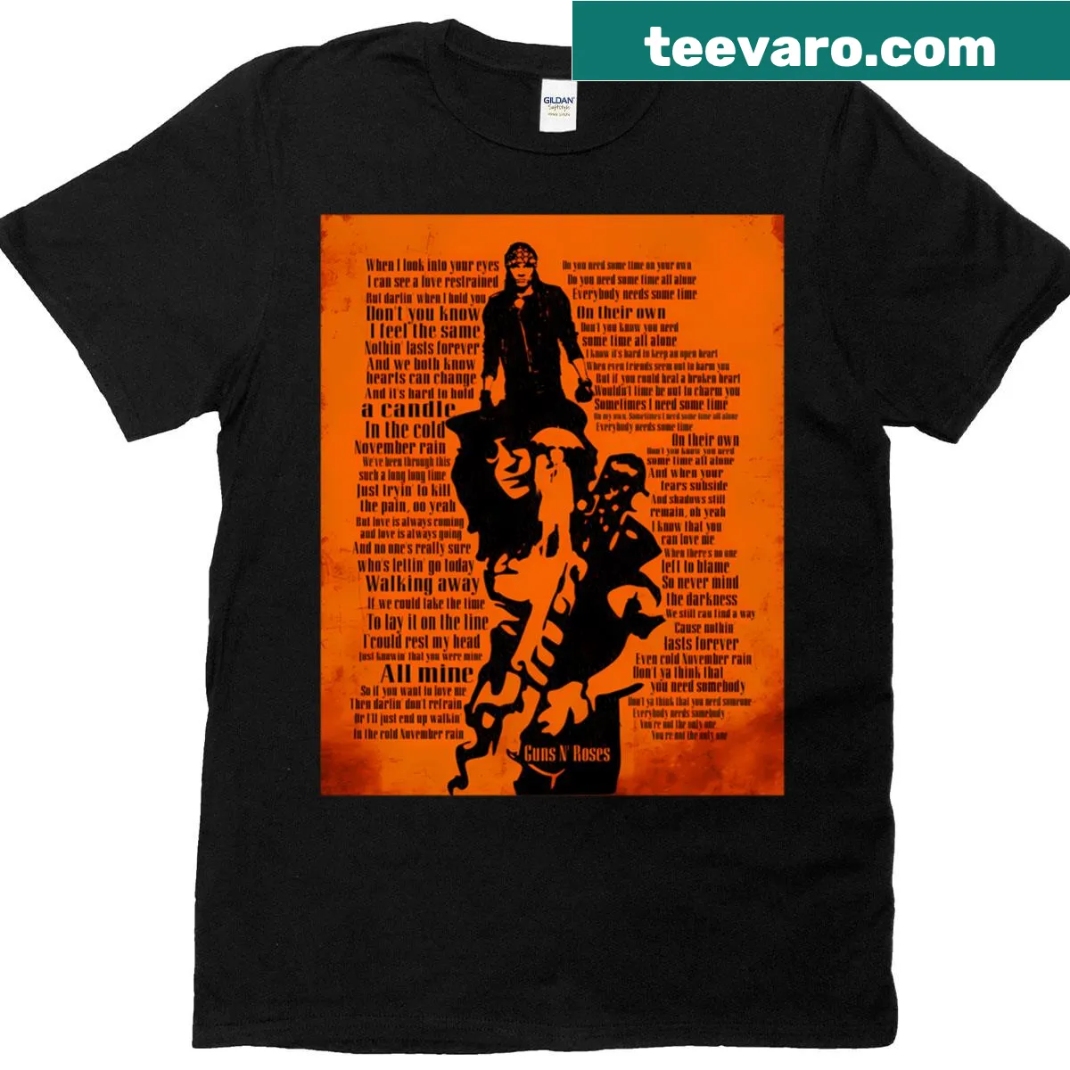 Vintage-style T-shirt celebrating the song November Rain — on a men's t-shirt